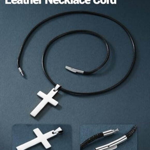 Stainless Steel Pendant Necklace with Leather Cord, 22 Inch - Picture 5 of 8